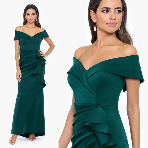 Size 10 - NWT Nordstrom Off the Shoulder‎ Crepe Dress Hunter Green - Picture 1 of 5
